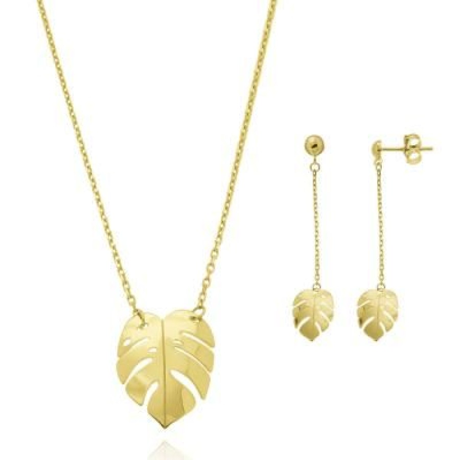 Joyeria Fina GVR | Juego Aretes Y Gargantilla Hoja Oro 14K