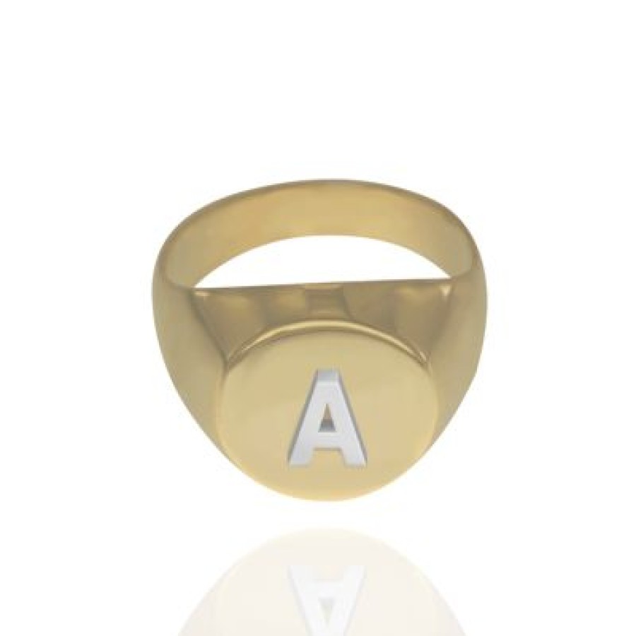 Joyeria Fina PERSONALIZADO | Anillo Caballero Black Con Inicial Bv610 Oro Amarillo Y Blanco