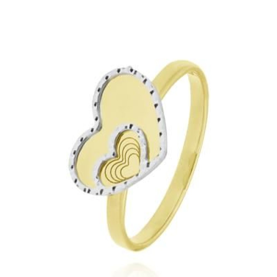 Joyeria Fina GVR | Anillo Doble Corazon Oro Bicolor Oro Amarillo Y Blanco